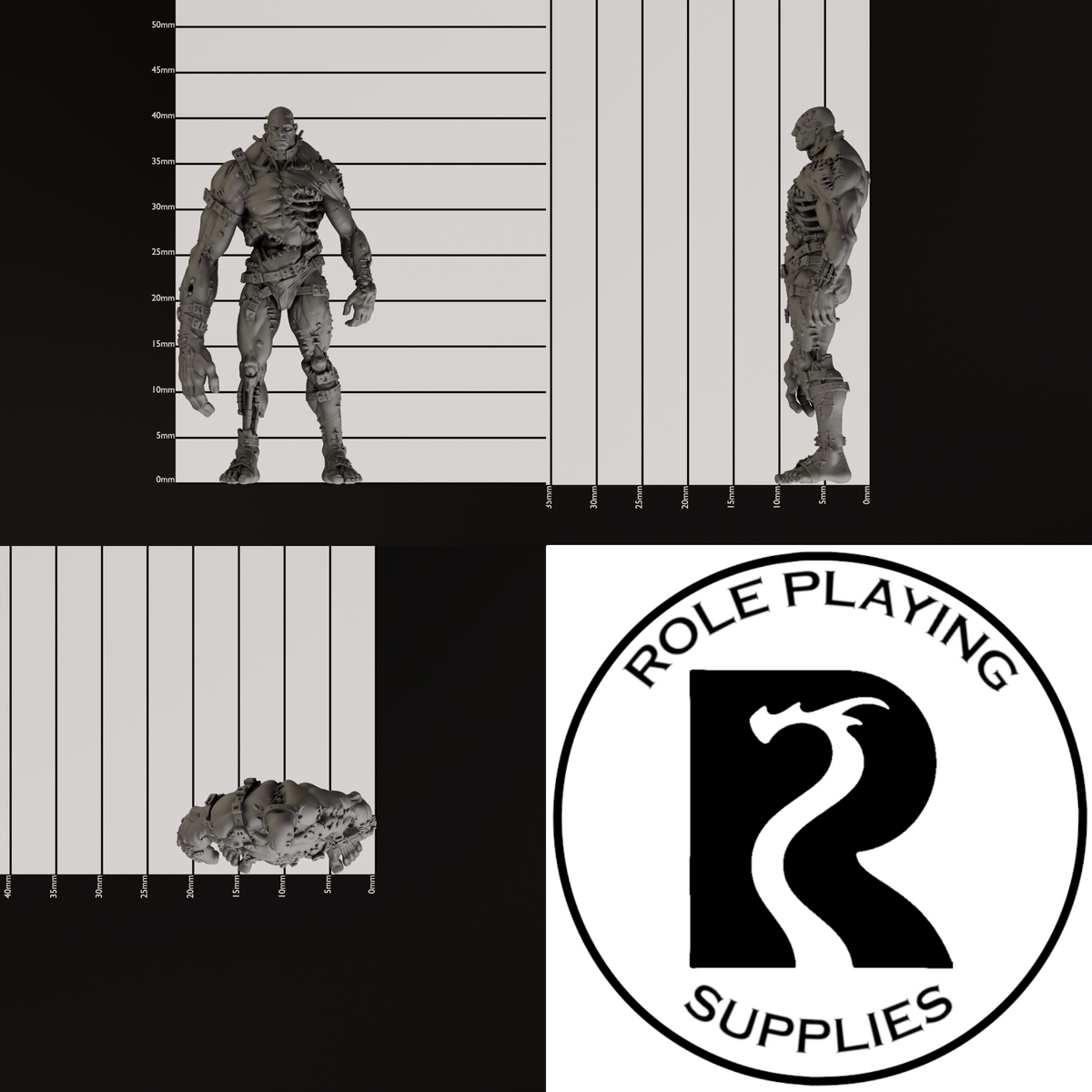 A dnd miniature flesh golem, photo showing all 3 angles with sizes in mm.