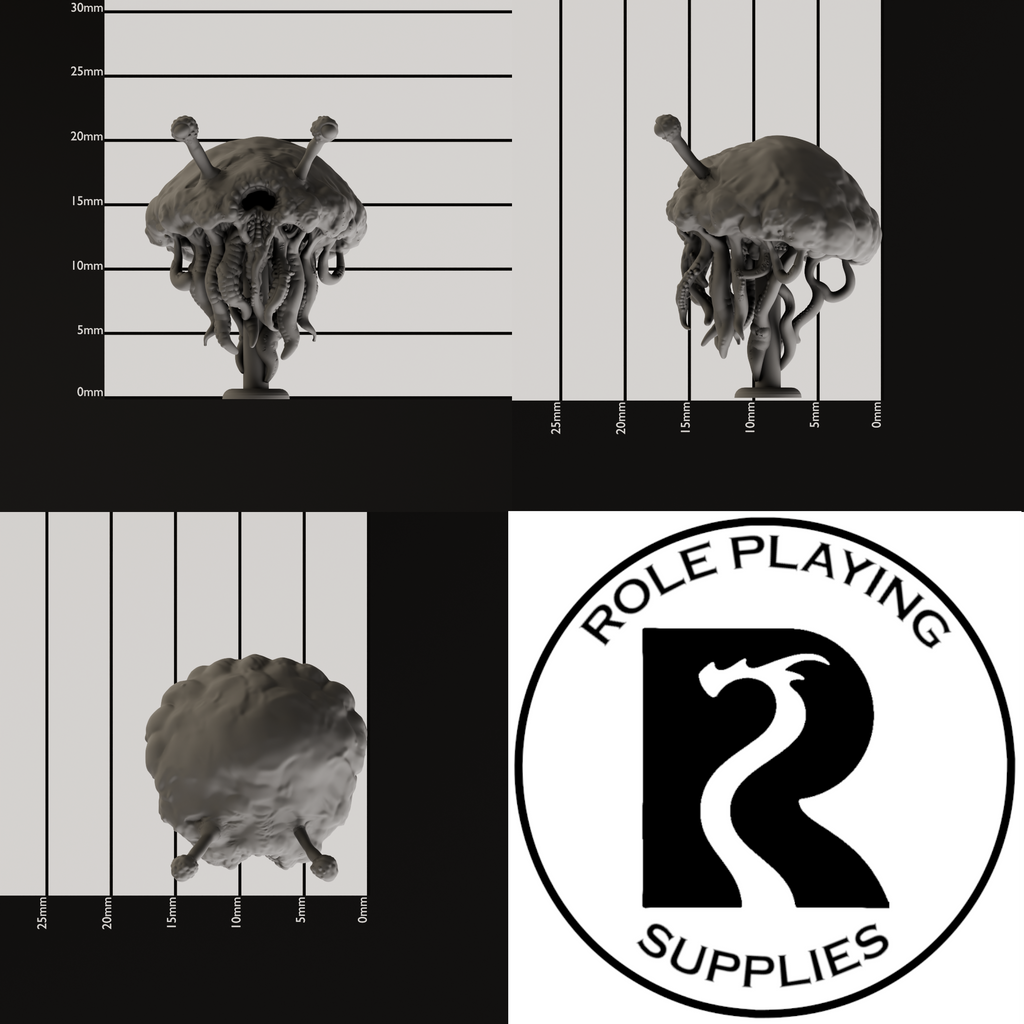 A dnd miniature flumph, photo showing all 3 angles with sizes in mm.
