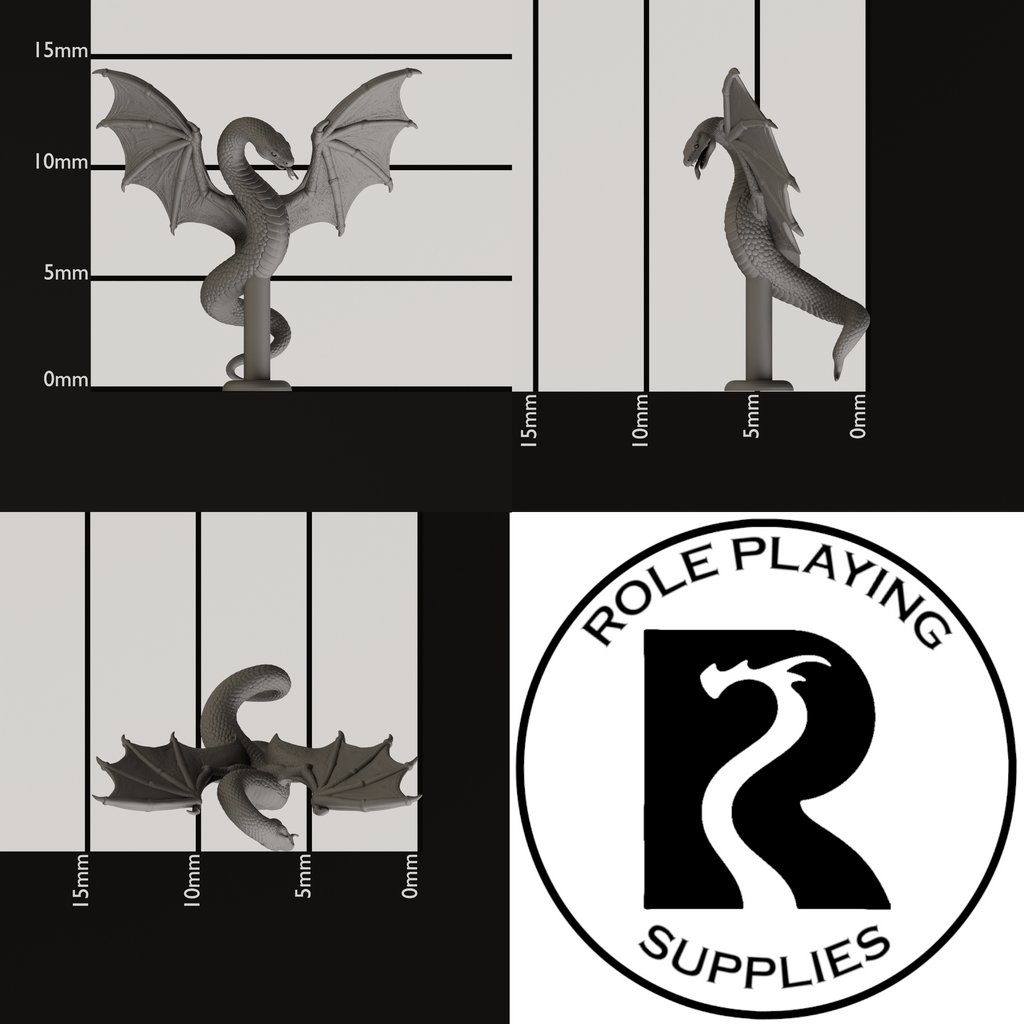 A dnd miniature flying snake, photo showing all 3 angles with sizes in mm.