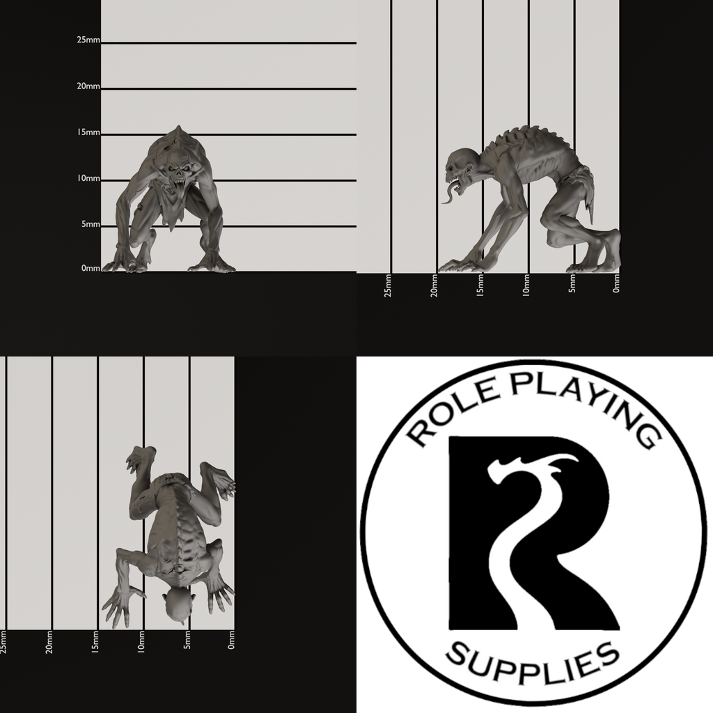 A dnd miniature ghoul, photo showing all 3 angles with sizes in mm.
