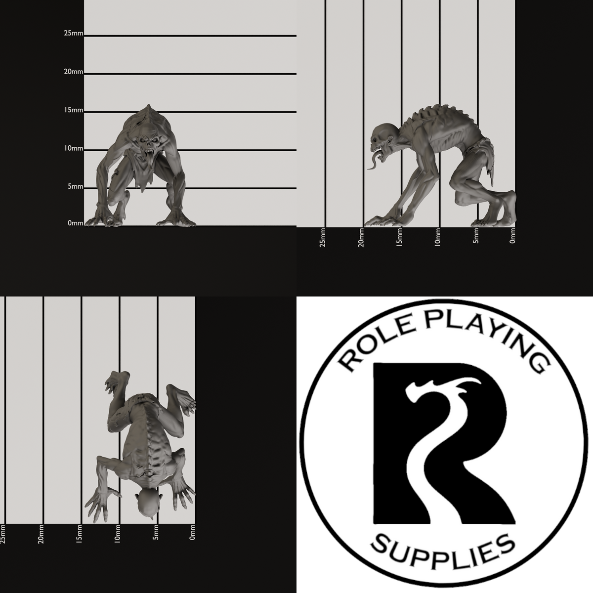 A dnd miniature ghoul, photo showing all 3 angles with sizes in mm.
