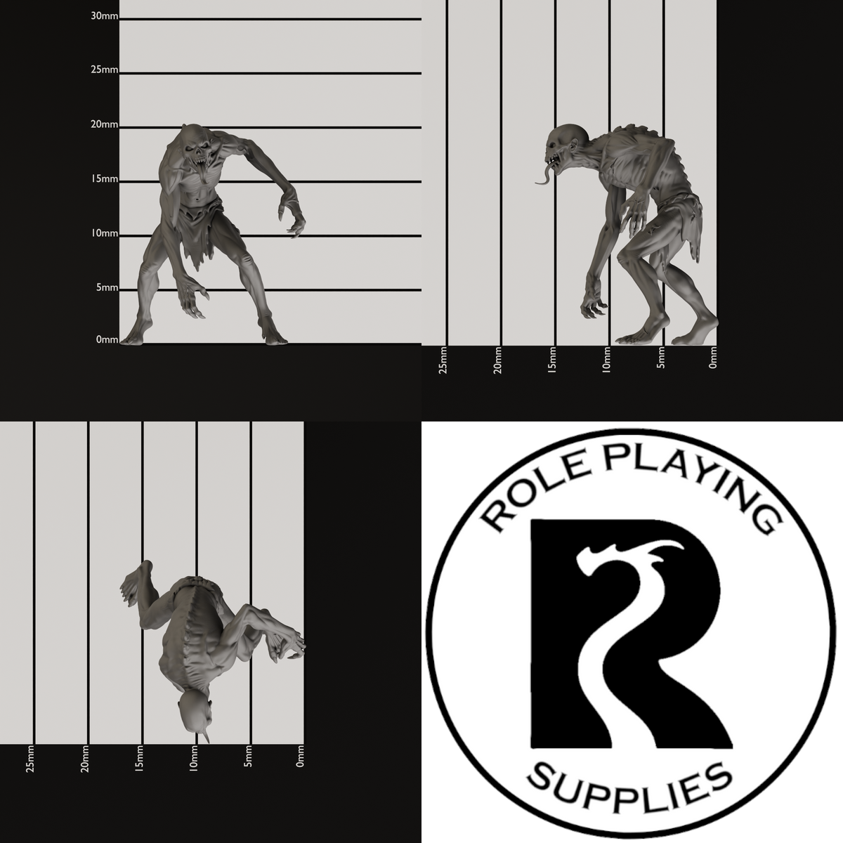 A dnd miniature ghoul, photo showing all 3 angles with sizes in mm.
