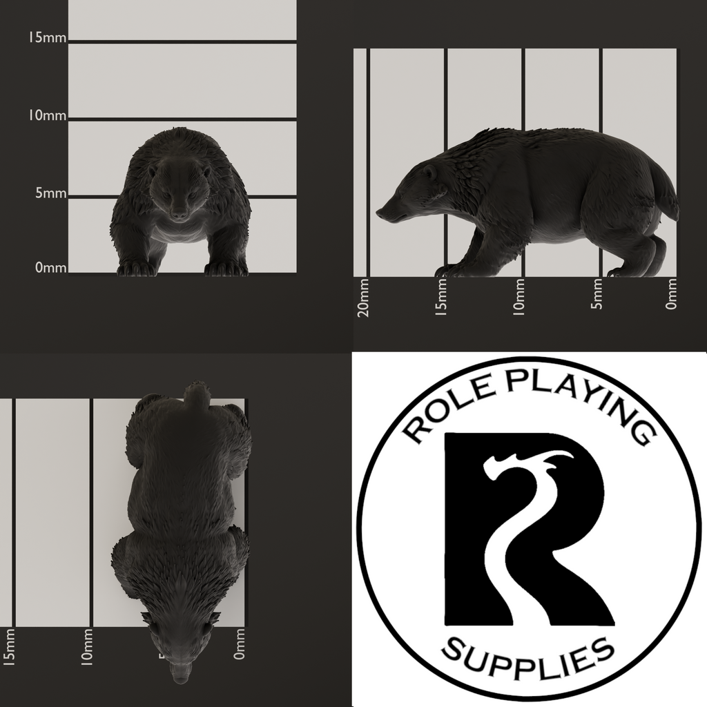 A dnd miniature giant badger, photo showing all 3 angles with sizes in mm.
