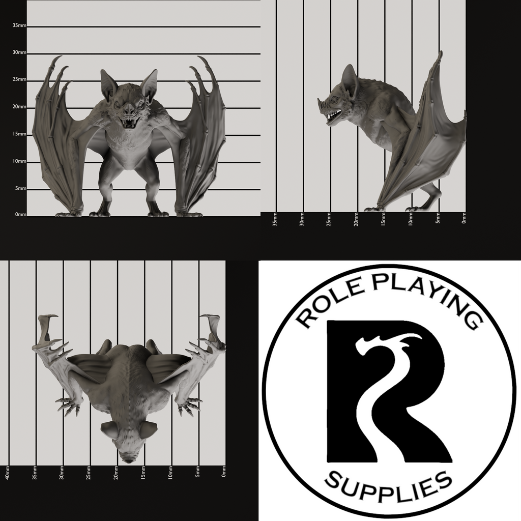 A dnd miniature giant bat, photo showing all 3 angles with sizes in mm.
