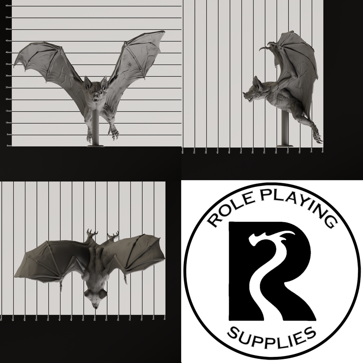 A dnd miniature giant bat, photo showing all 3 angles with sizes in mm.
