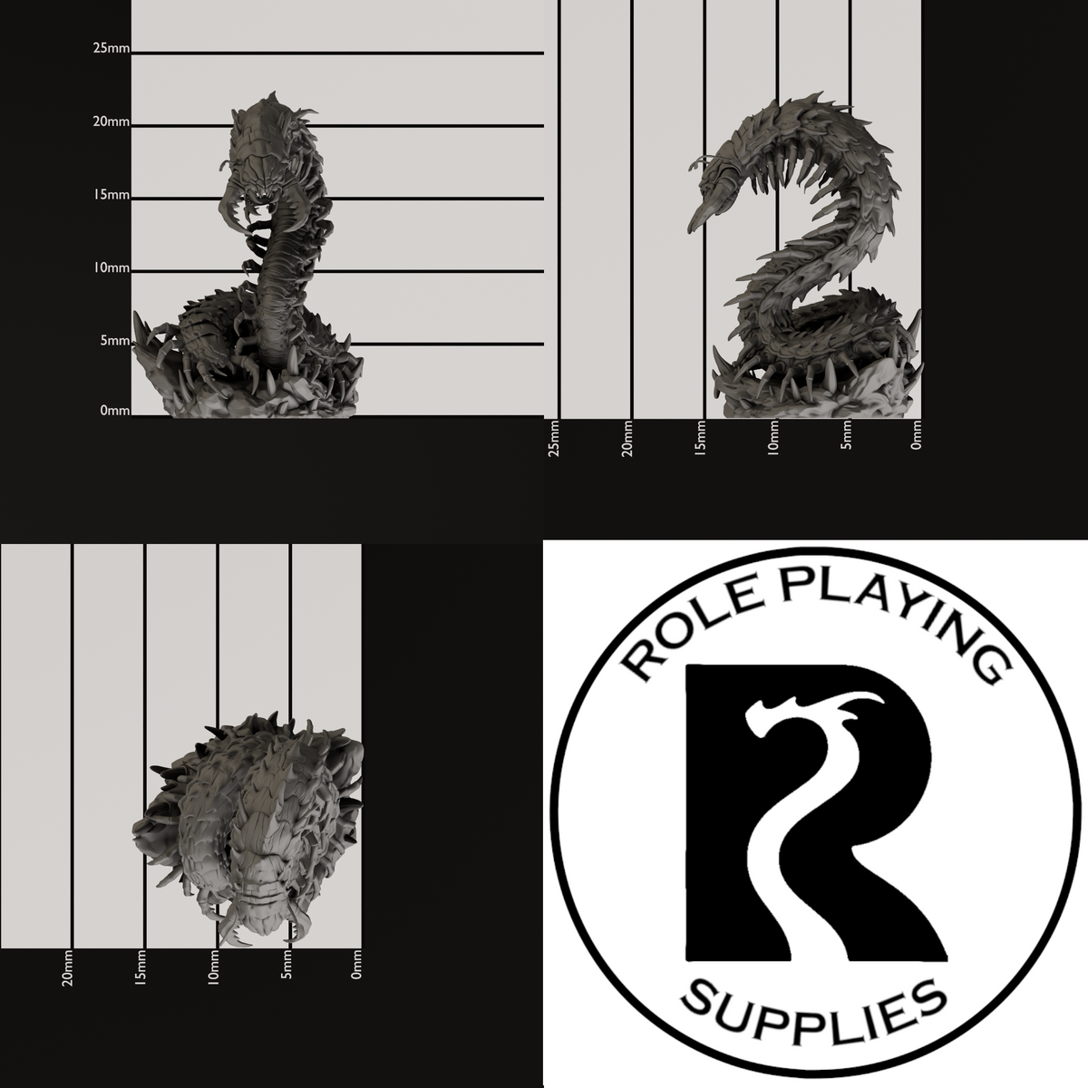 A dnd miniature giant centipede , photo showing all 3 angles with sizes in mm.