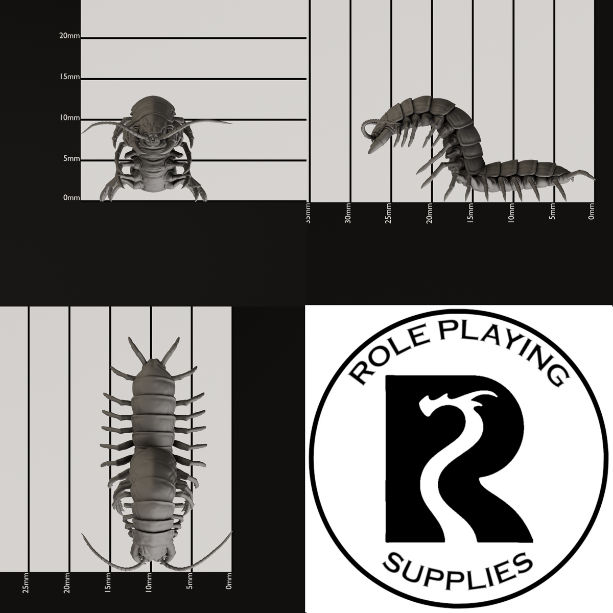 A dnd miniature giant centipede , photo showing all 3 angles with sizes in mm.