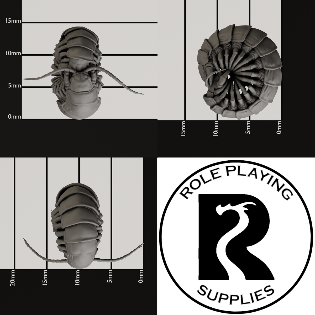 A dnd miniature giant centipede , photo showing all 3 angles with sizes in mm.