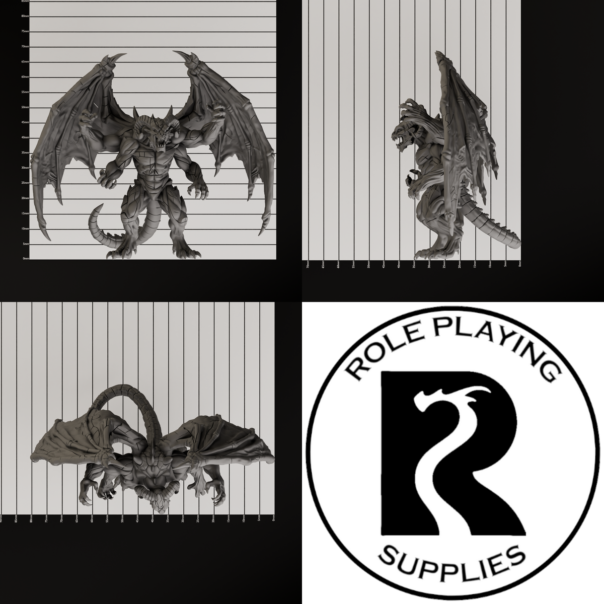 A dnd miniature giant four-armed gargoyle, photo showing all 3 angles with sizes in mm.
