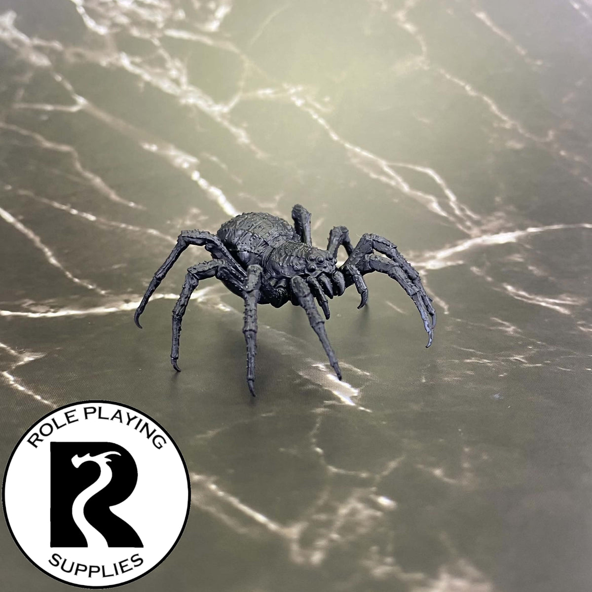 A dnd miniature giant spider primed in black.

