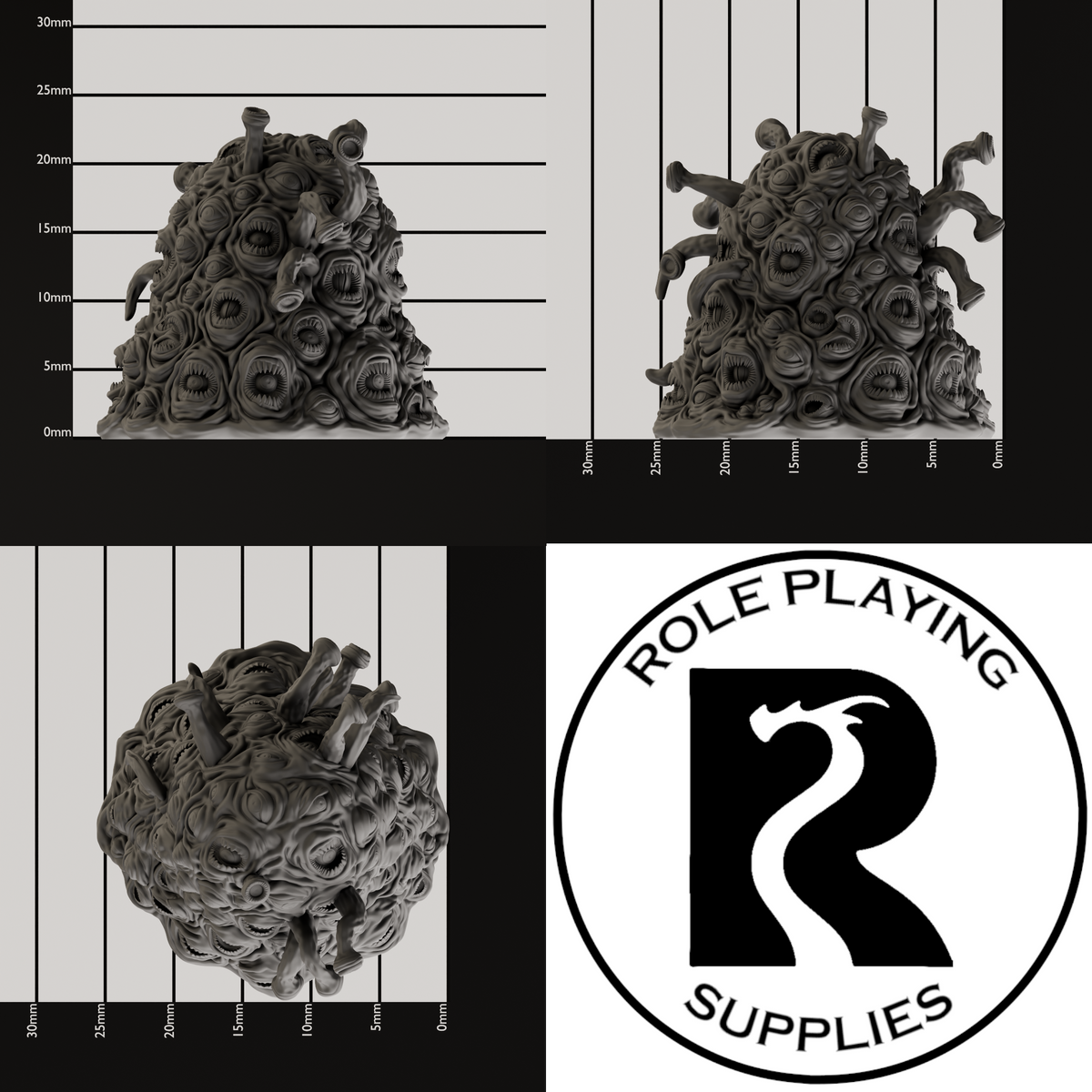 A dnd miniature gibbering mouther, photo showing all 3 angles with sizes in mm.
