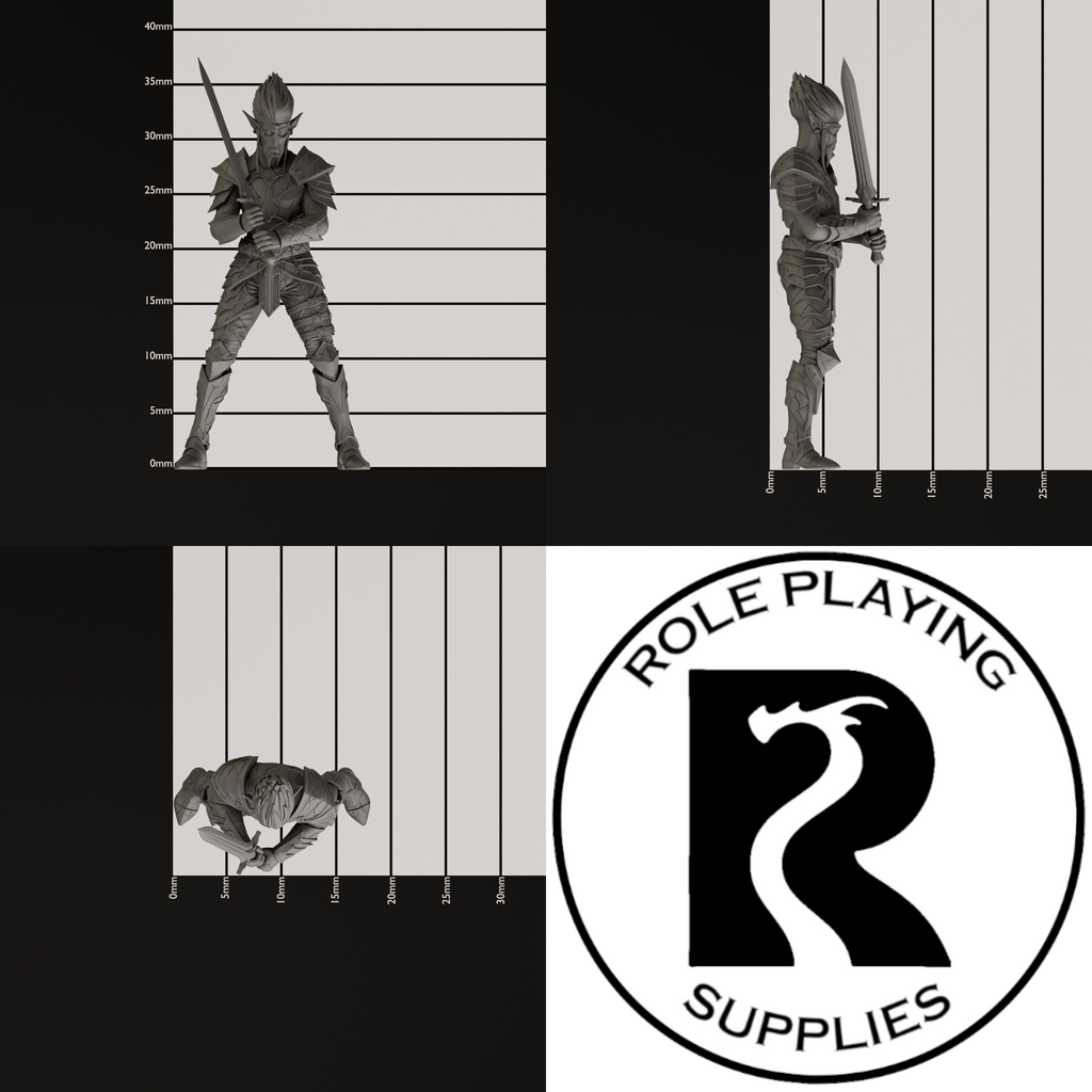 A dnd miniature githyanki warrior, photo showing all 3 angles with sizes in mm.
