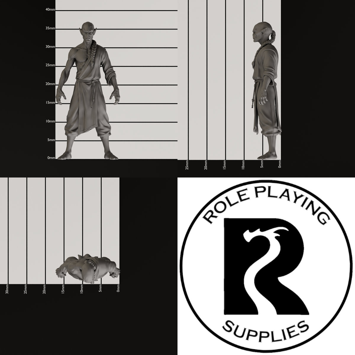 A dnd miniature githzerai monk, photo showing all 3 angles with sizes in mm.
