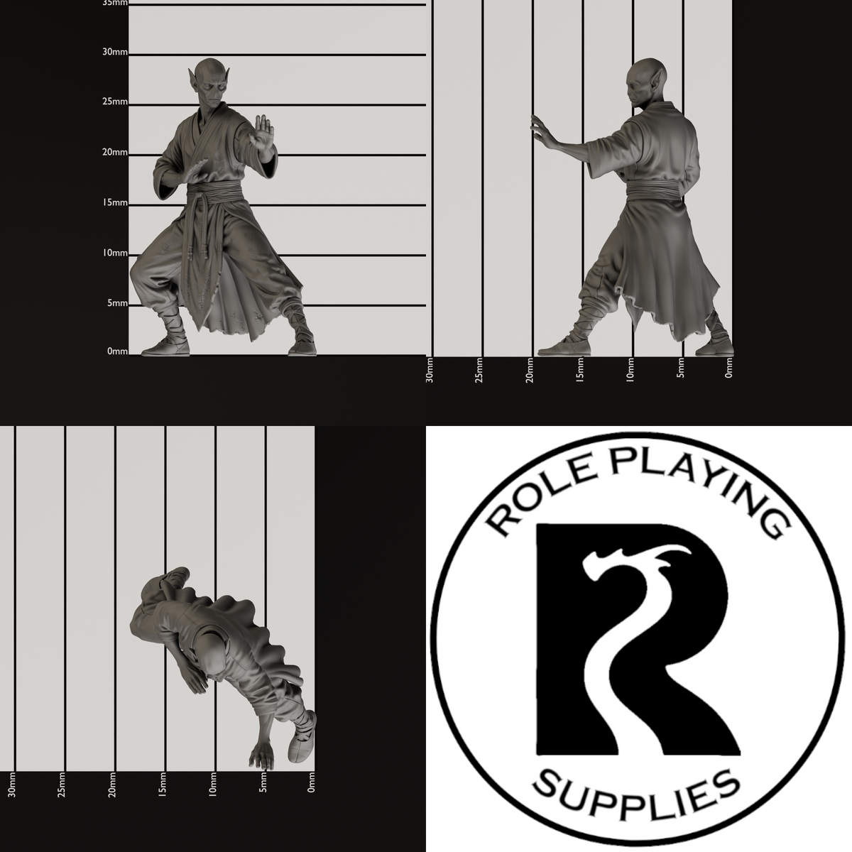 A dnd miniature githzerai zerth, photo showing all 3 angles with sizes in mm.

