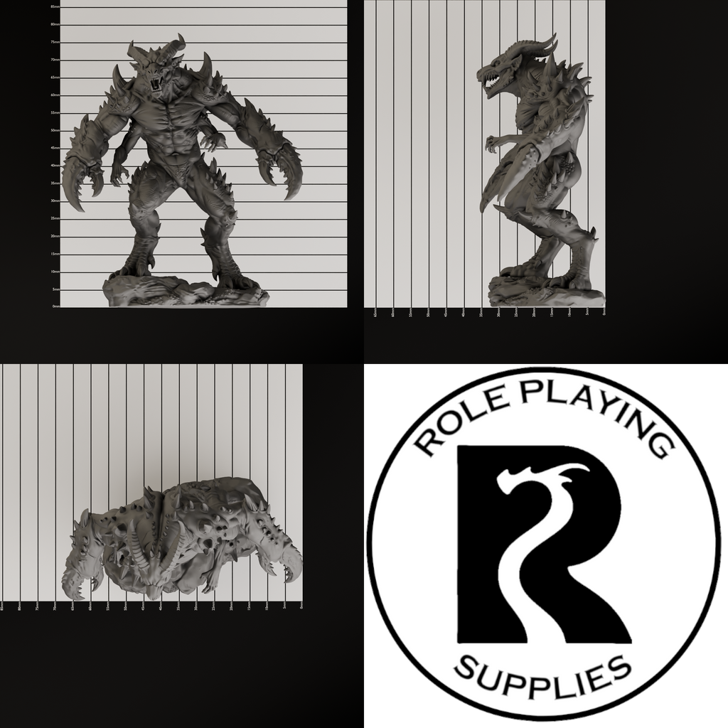 A dnd miniature glabrezu, photo showing all 3 angles with sizes in mm.
