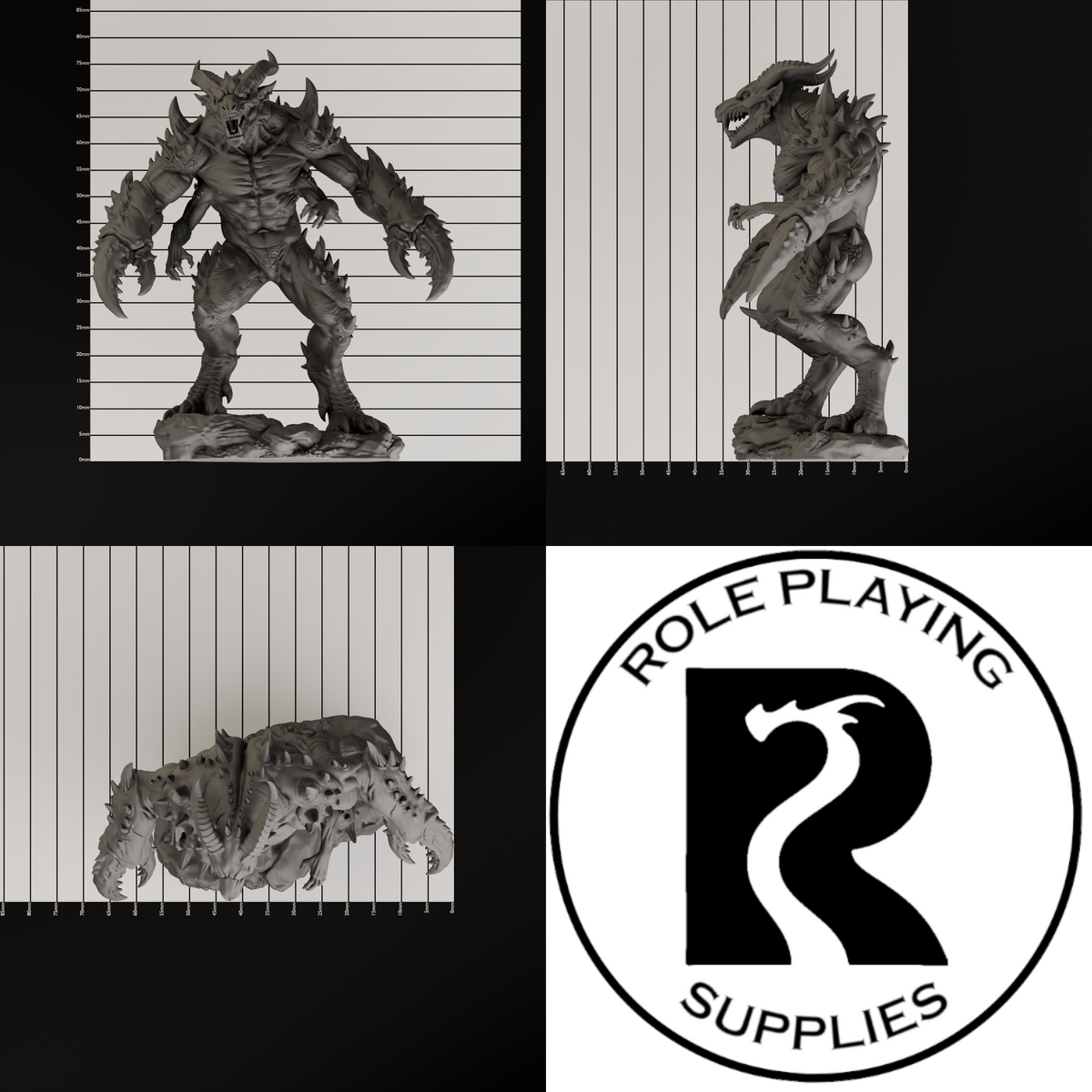 A dnd miniature glabrezu, photo showing all 3 angles with sizes in mm.
