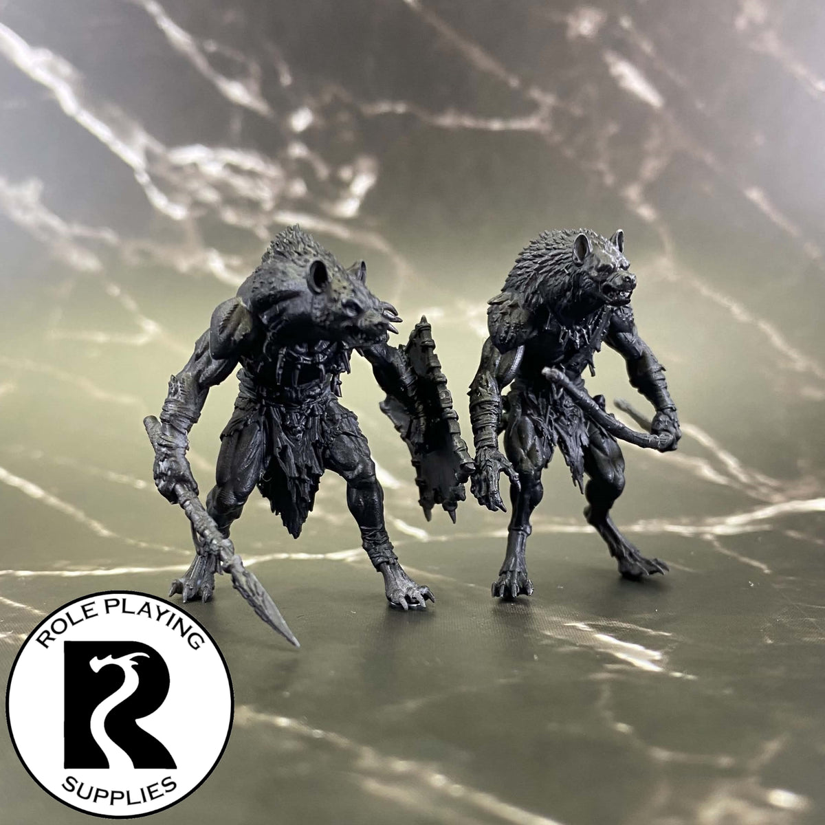 A dnd miniature gnoll primed in black.
