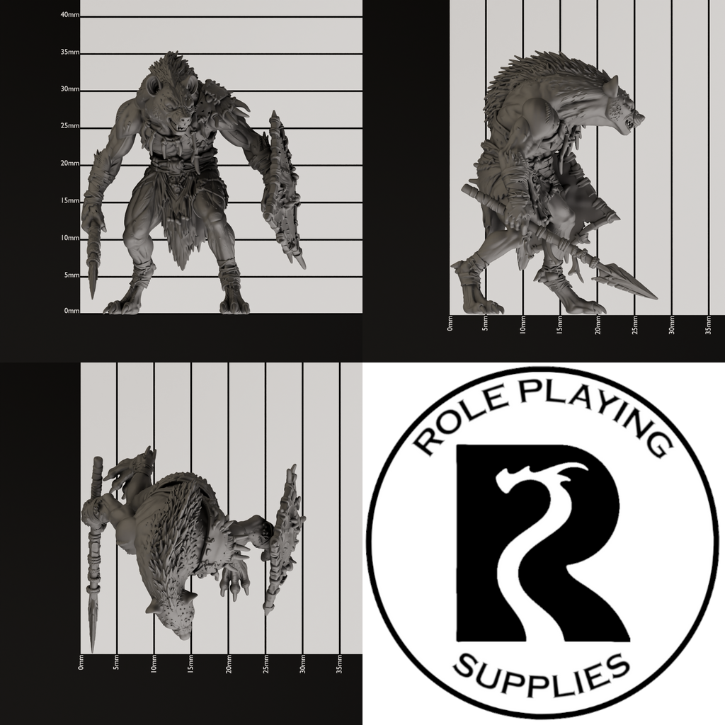 A dnd miniature gnoll, photo showing all 3 angles with sizes in mm.
