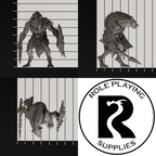 A dnd miniature gnoll, photo showing all 3 angles with sizes in mm.

