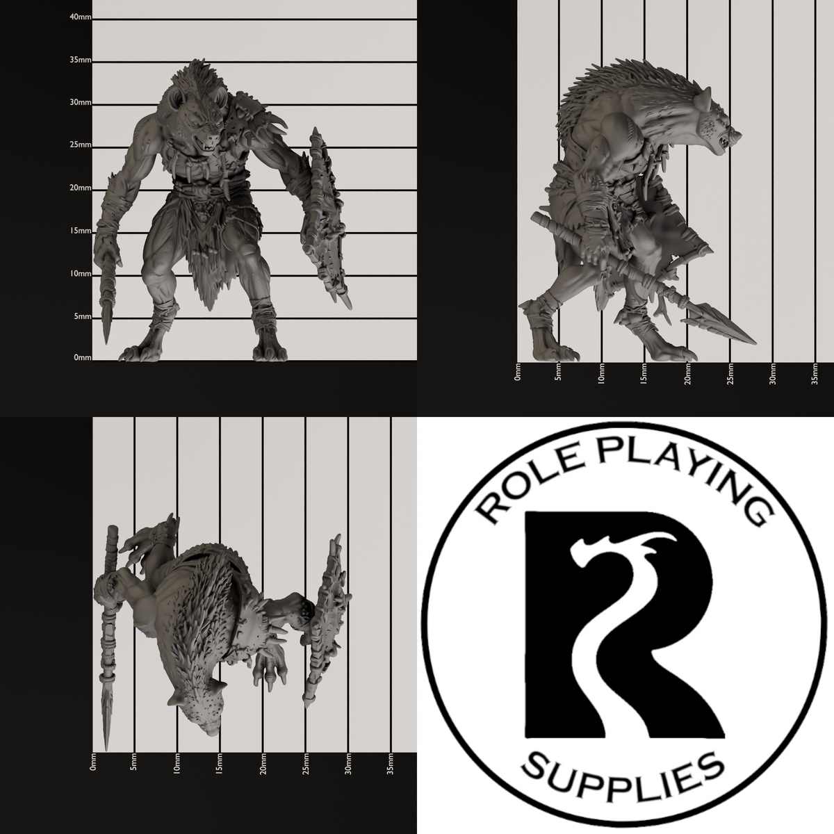 A dnd miniature gnoll, photo showing all 3 angles with sizes in mm.
