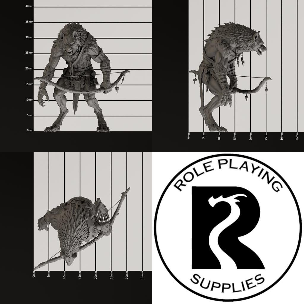 A dnd miniature gnoll, photo showing all 3 angles with sizes in mm.
