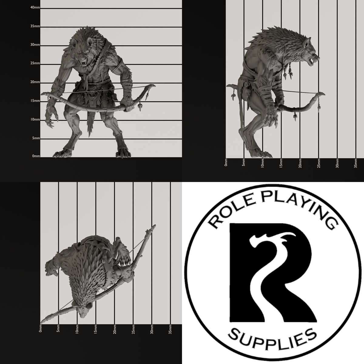 A dnd miniature gnoll, photo showing all 3 angles with sizes in mm.

