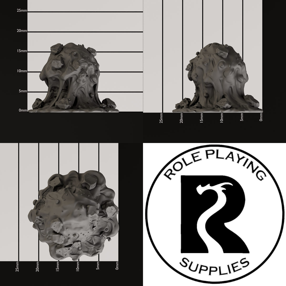 A dnd miniature gray ooze, photo showing all 3 angles with sizes in mm.
