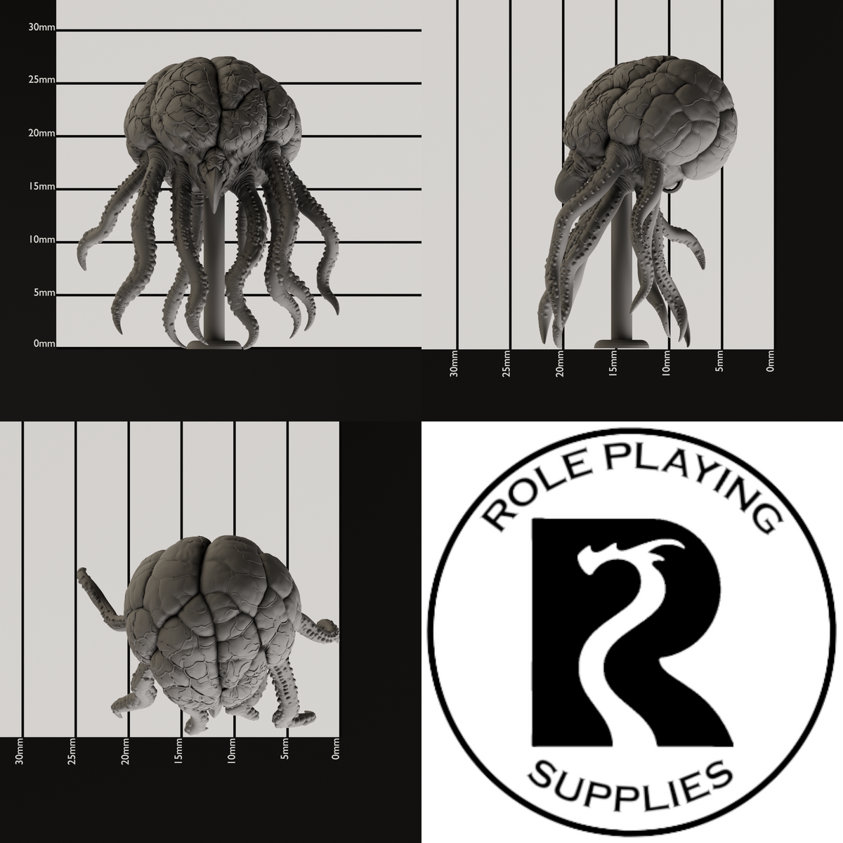 A three view image of a dnd miniature grell.
