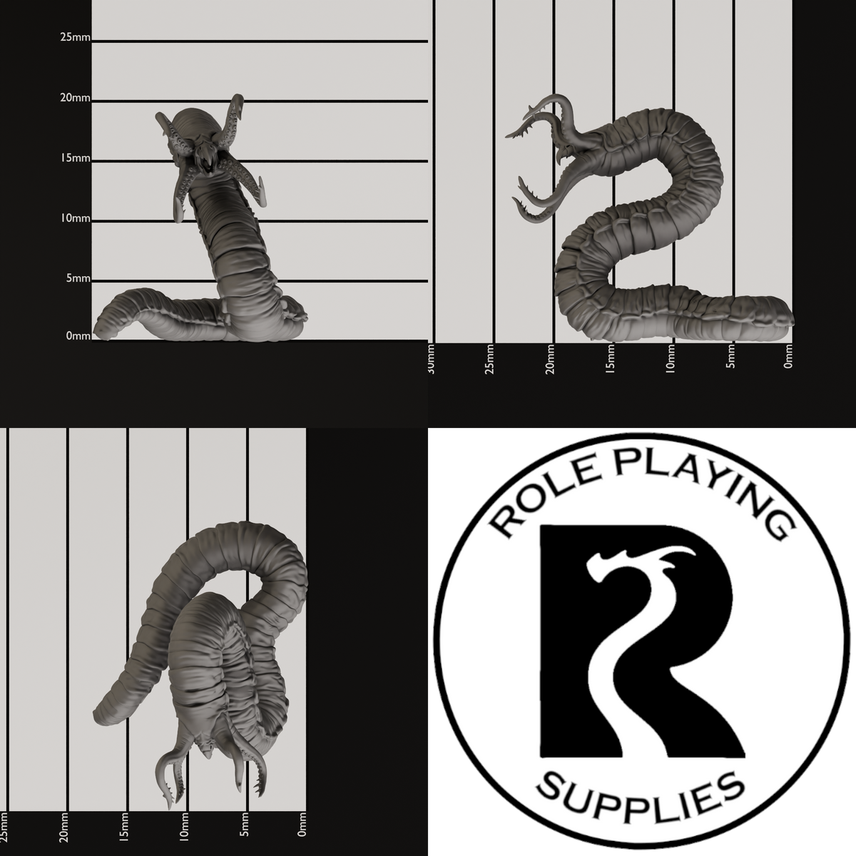 A dnd miniature grick, photo showing all 3 angles with sizes in mm.
