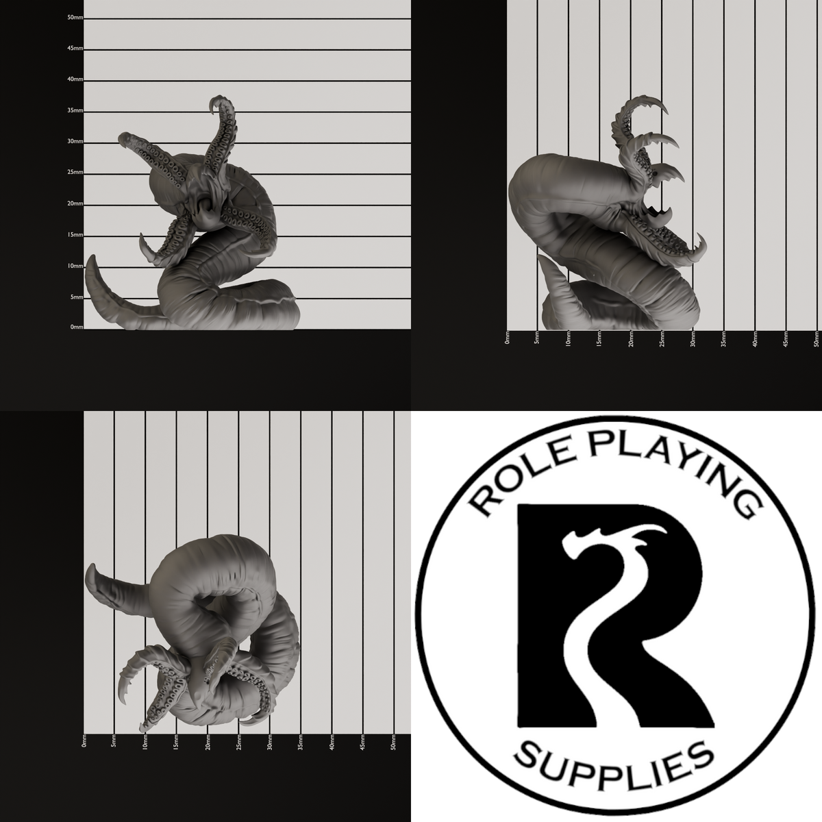 A dnd miniature grick alpha, photo showing all 3 angles with sizes in mm.

