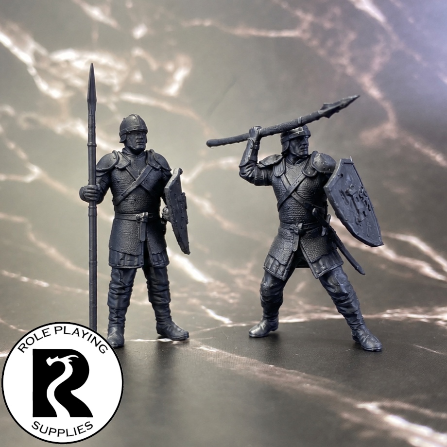 A dnd miniature guard primed in black.
