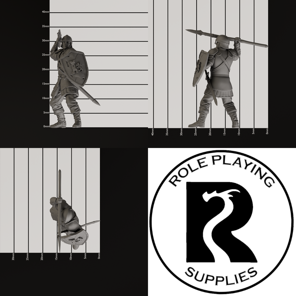 A dnd miniature guard, photo showing all 3 angles with sizes in mm.
