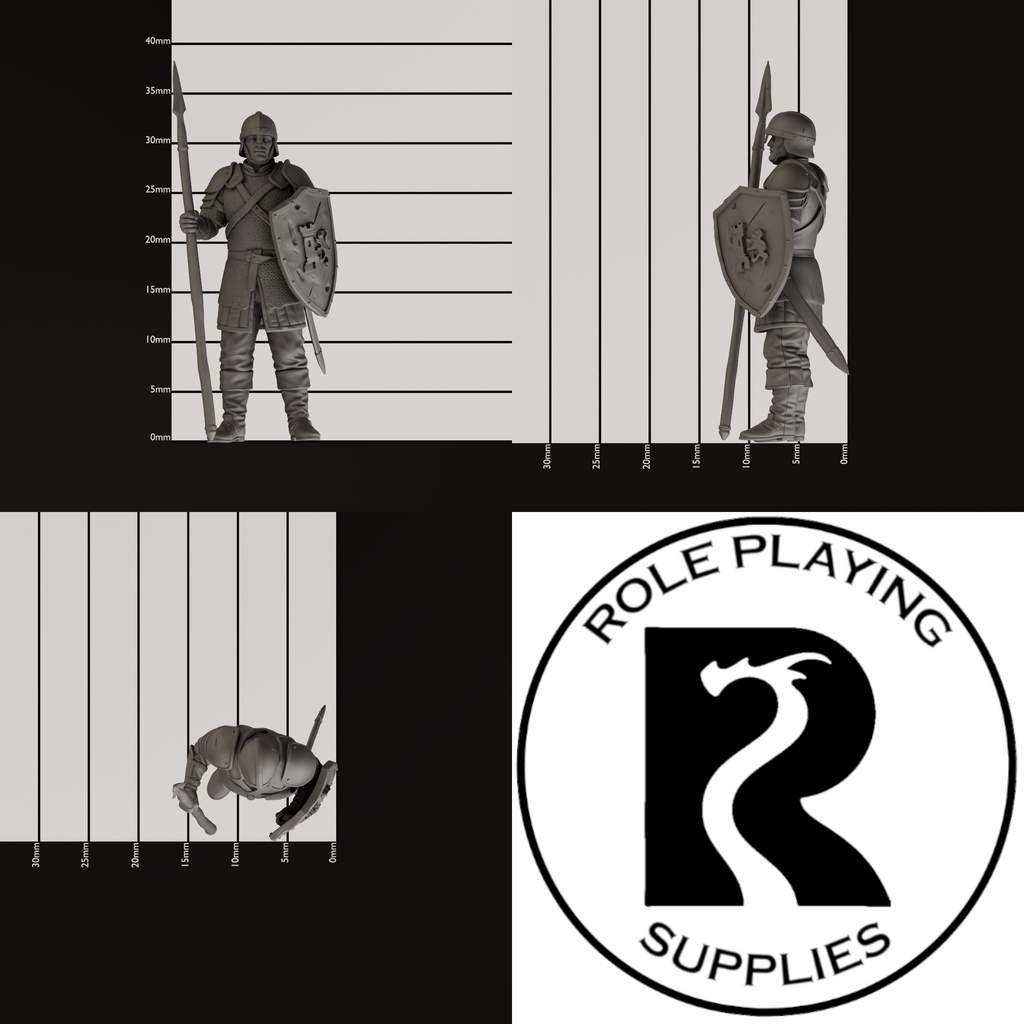 A dnd miniature guard, photo showing all 3 angles with sizes in mm.
