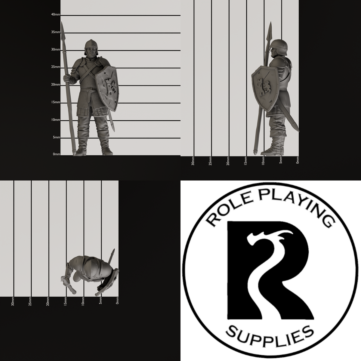 A dnd miniature guard, photo showing all 3 angles with sizes in mm.
