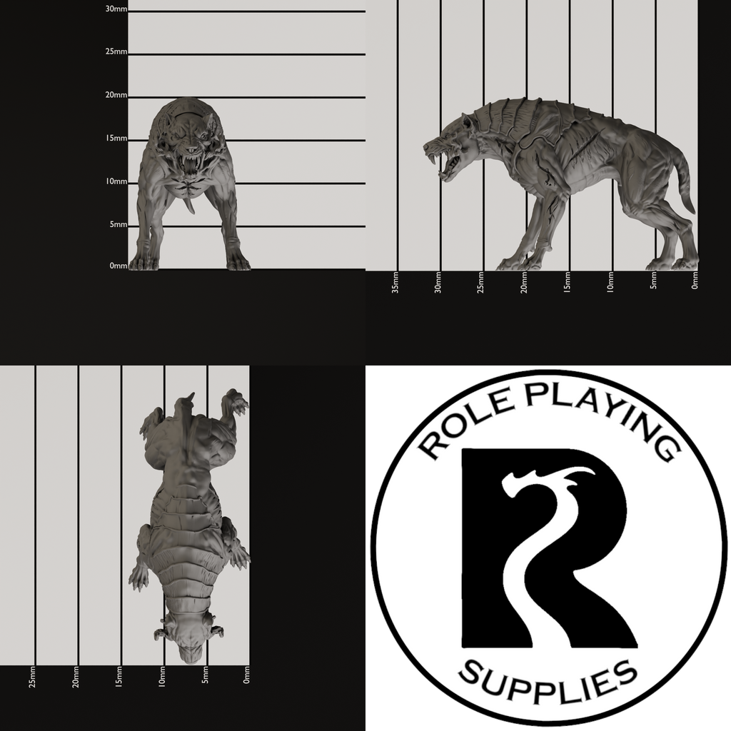 A dnd miniature hell hound, photo showing all 3 angles with sizes in mm.