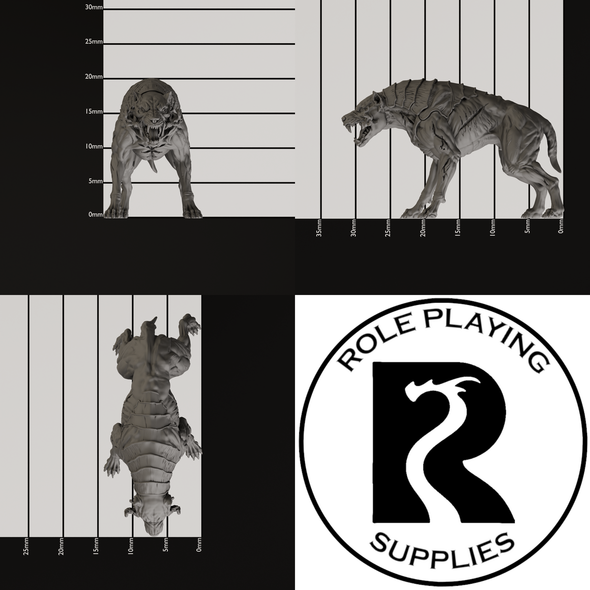 A dnd miniature hell hound, photo showing all 3 angles with sizes in mm.