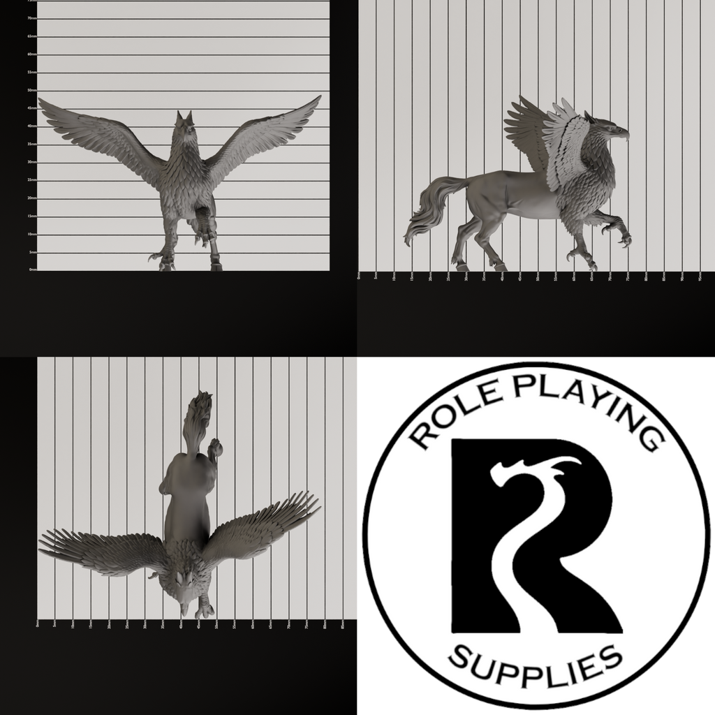 A dnd miniature hippogriff, photo showing all 3 angles with sizes in mm.
