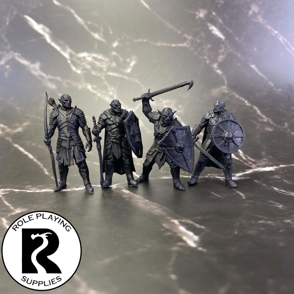 A dnd miniature hobgoblin primed in black.
