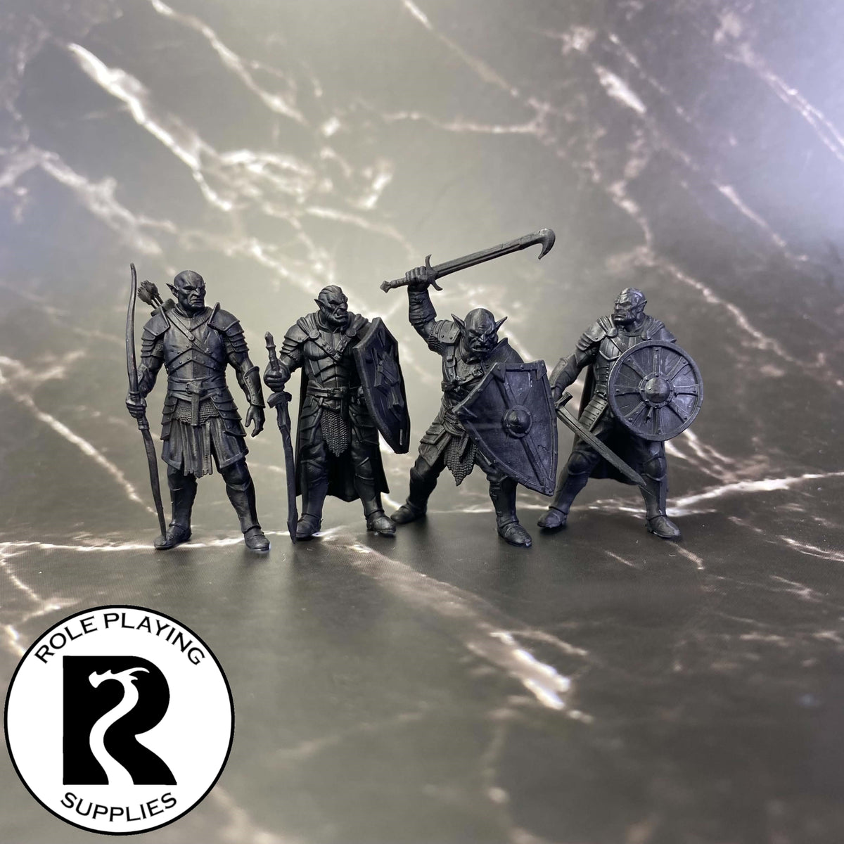A dnd miniature hobgoblin primed in black.
