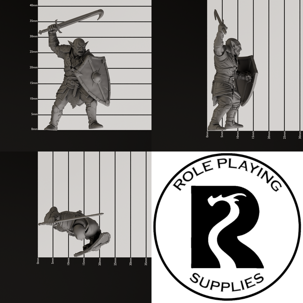 A dnd miniature hobgoblin, photo showing all 3 angles with sizes in mm.

