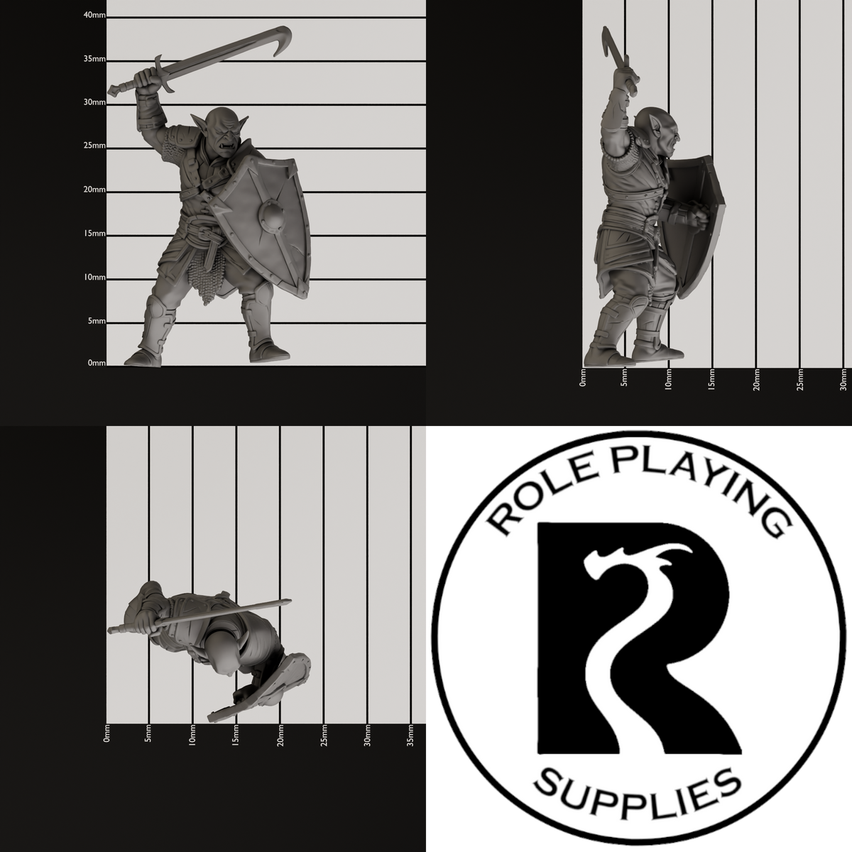A dnd miniature hobgoblin, photo showing all 3 angles with sizes in mm.
