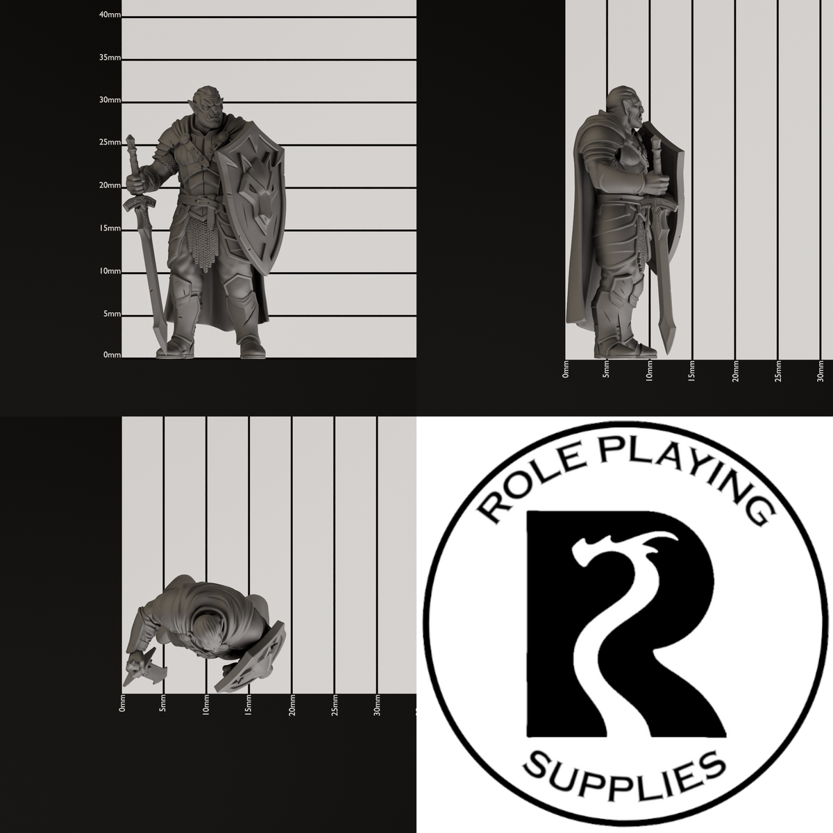 A dnd miniature hobgoblin, photo showing all 3 angles with sizes in mm.
