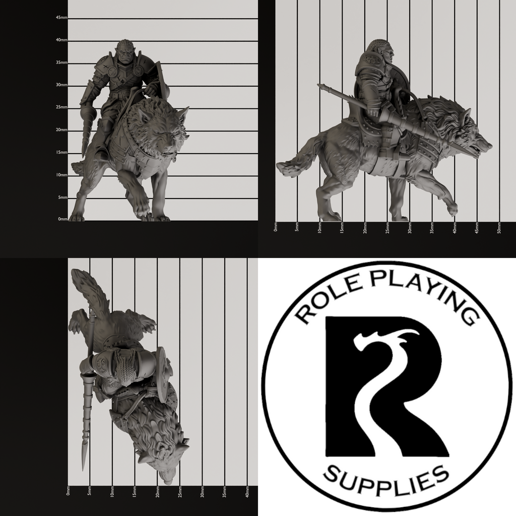 A dnd miniature hobgoblin cavalry (worg), photo showing all 3 angles with sizes in mm.
