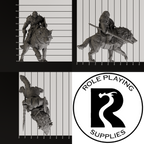 A dnd miniature hobgoblin cavalry (worg), photo showing all 3 angles with sizes in mm.
