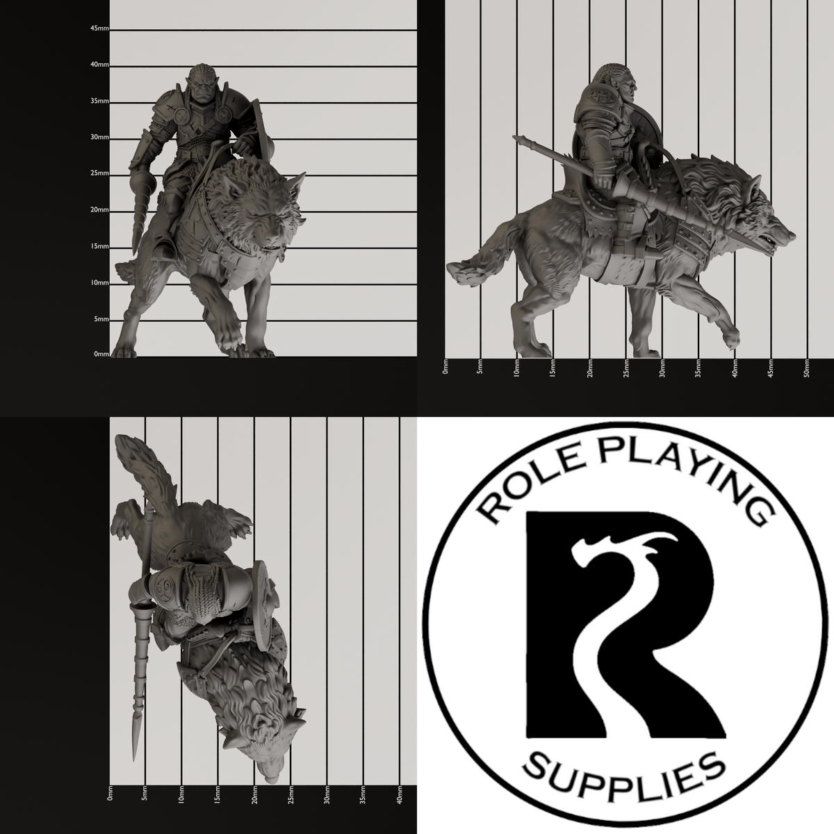 A dnd miniature hobgoblin cavalry (worg), photo showing all 3 angles with sizes in mm.
