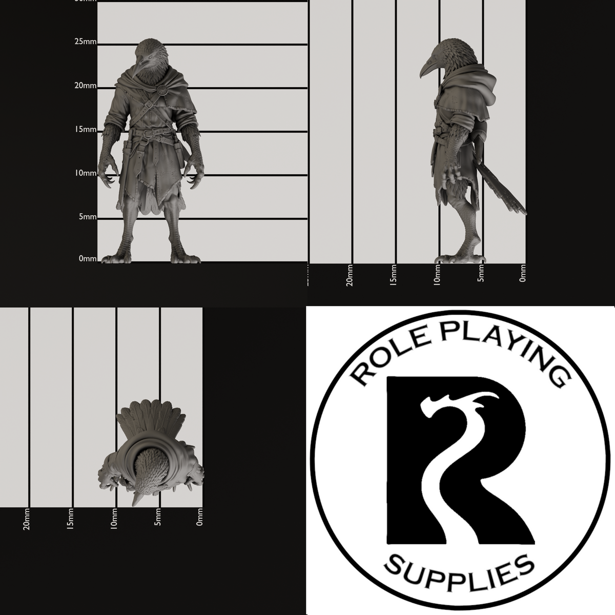 A dnd miniature kenku, photo showing all 3 angles with sizes in mm.