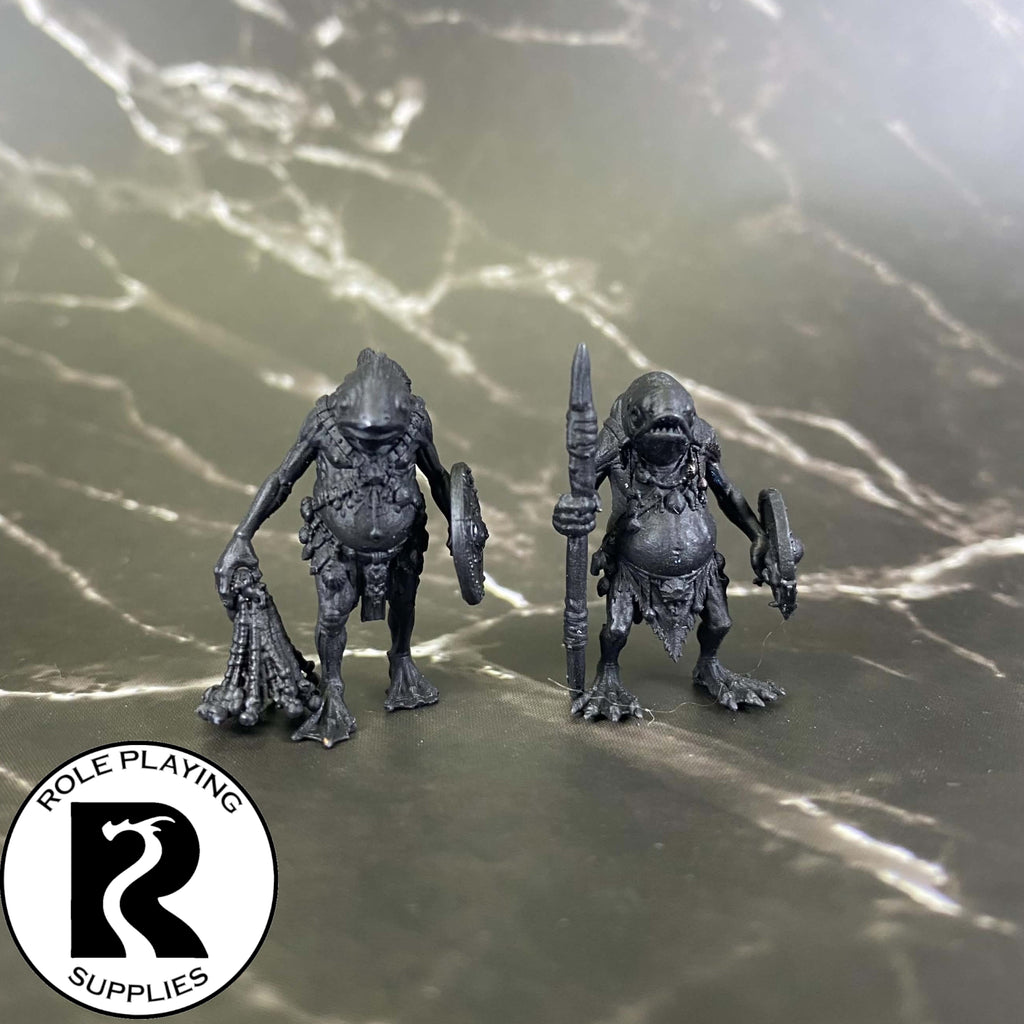 A dnd miniature kuo-toa primed in black.

