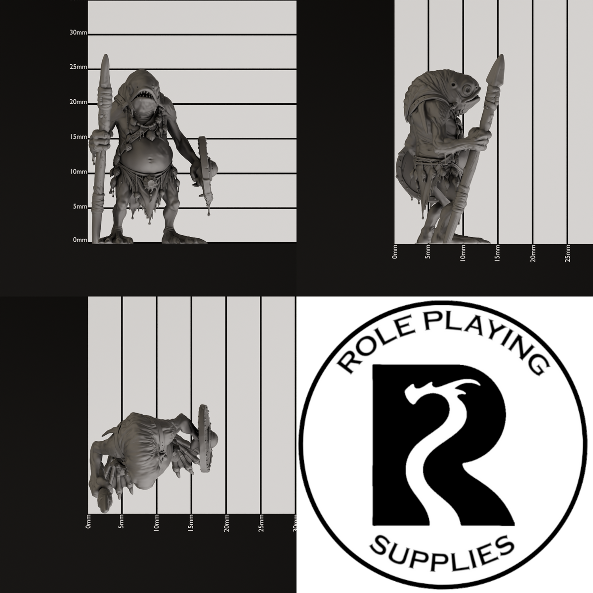 A dnd miniature kuo-toa, photo showing all 3 angles with sizes in mm.

