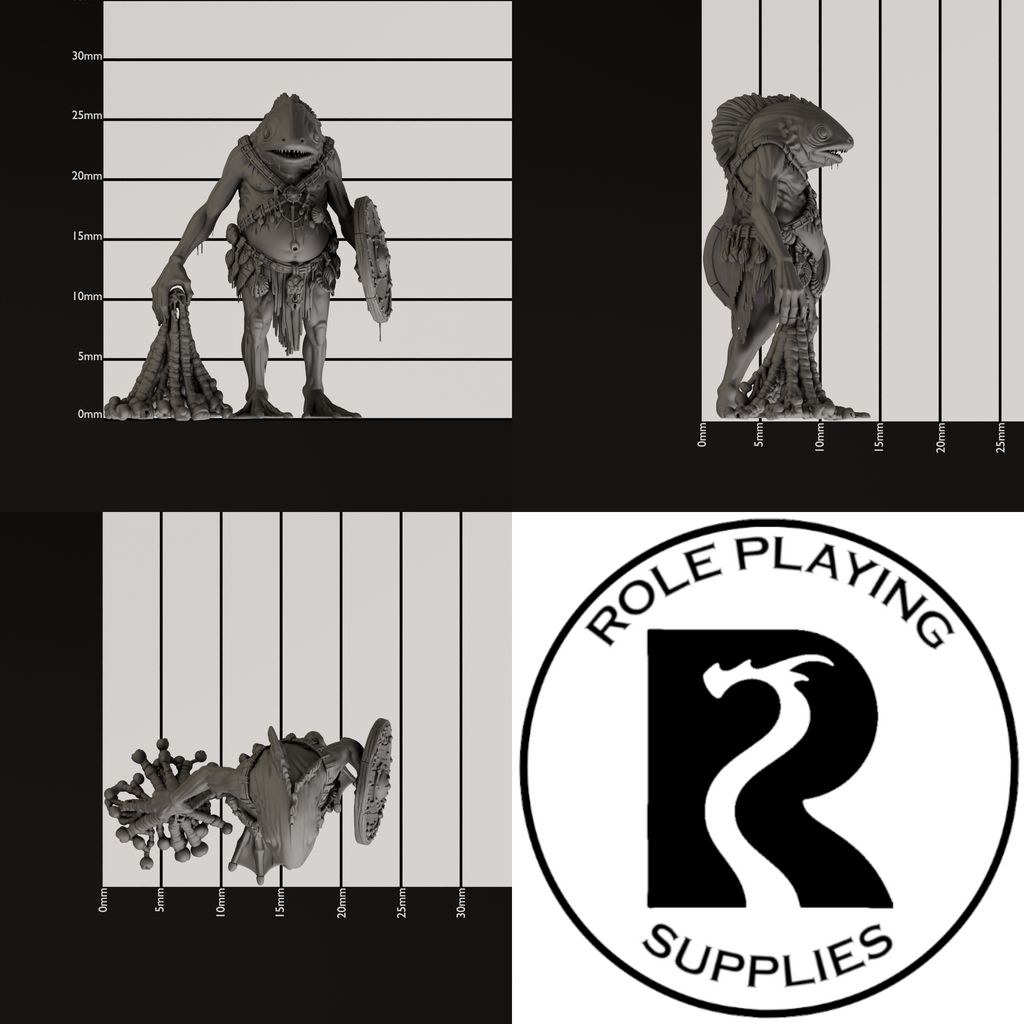 A dnd miniature kuo-toa, photo showing all 3 angles with sizes in mm.
