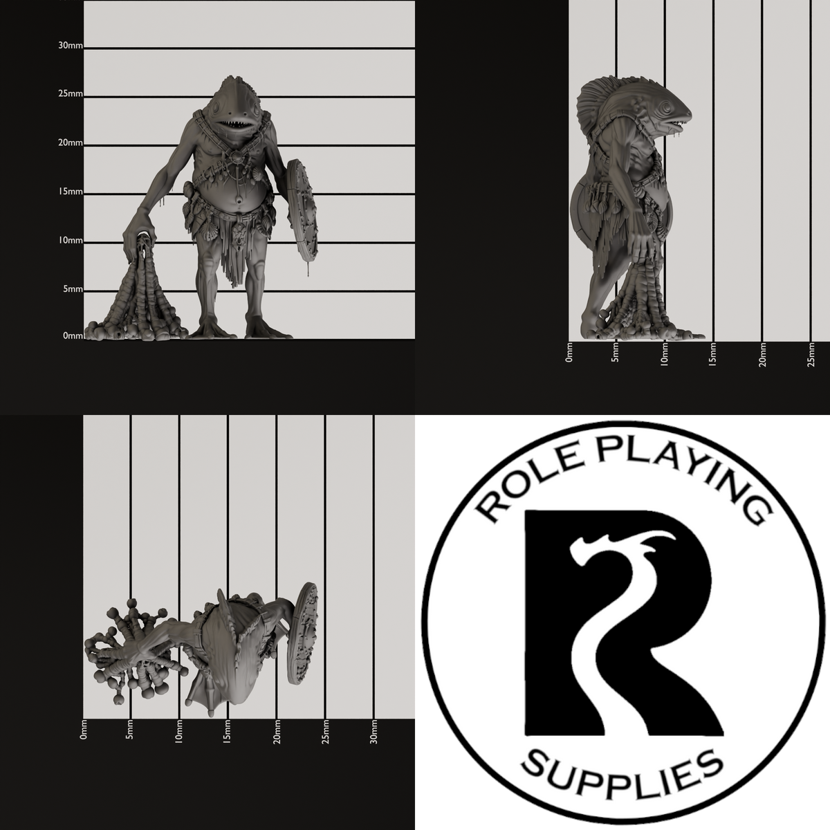 A dnd miniature kuo-toa, photo showing all 3 angles with sizes in mm.
